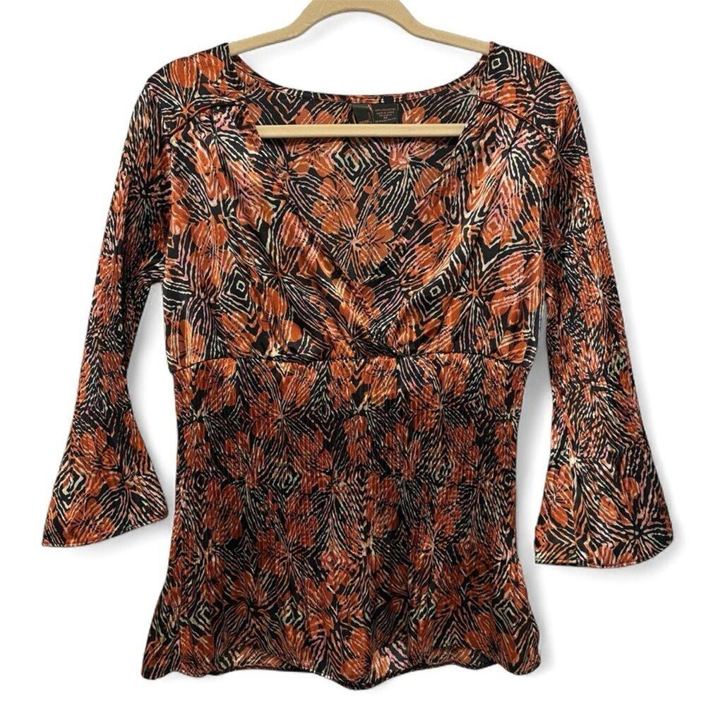Floral Top Womens Medium Hippie Festival Boho Abstract Satin V-Neck Flare Sleeve